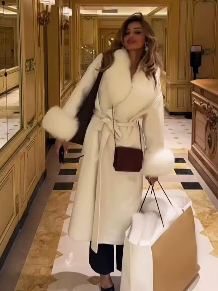 HH femme mode polyvalent fausse fourrure effet revers manches longues ceinture décoration Long manteau femme hiver décontracté déplacements pardessus