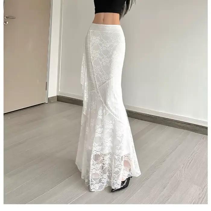 Dentelle Patchwork jupes femmes taille haute couvrant les hanches irrégulière décontracté mode crémeux doux Style