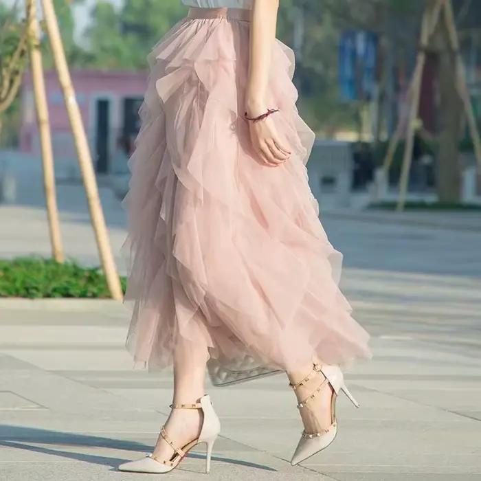 Tutu Tulle longue Maxi jupe femmes mode coréenne mignon rose taille haute