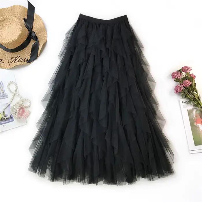 Mode Tutu Tulle jupe femmes longue Maxi jupe 2022 printemps été coréen noir rose taille haute jupe plissée femme