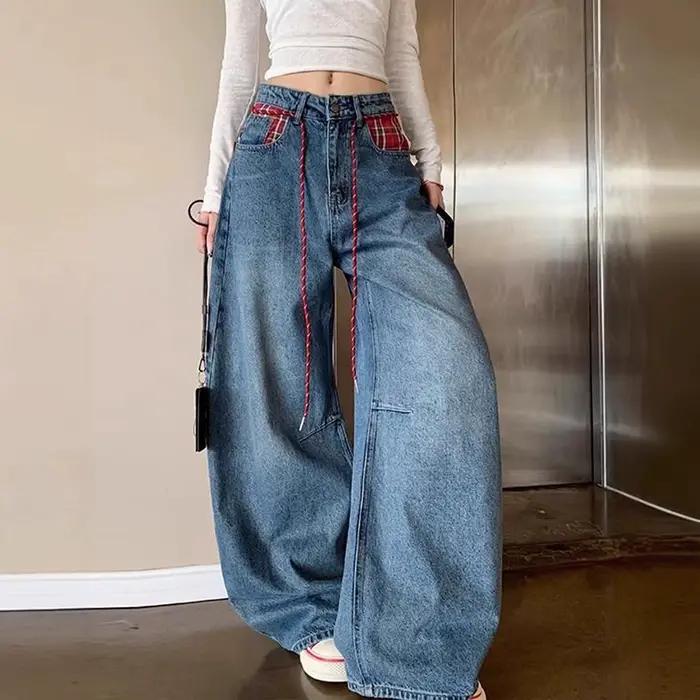 Jean droit taille haute avec cordon de serrage