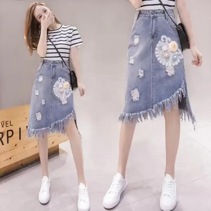 Jupe en jean mi-longue taille haute potelée pour femme