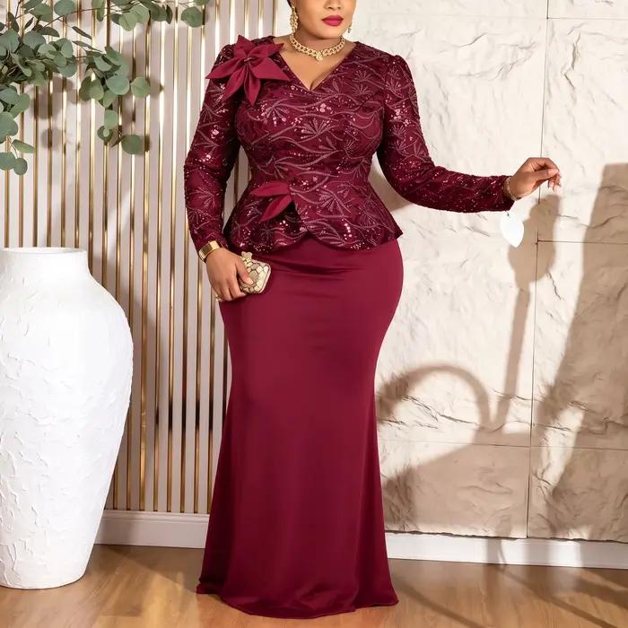 Robe élégante pour femme à sequins col en V manches longues motif floral 3D taille cintrée avec péplum ourlet sirène pour mariages cocktails événements