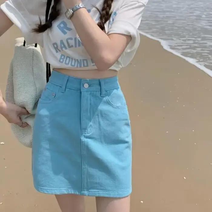 Mini jupe en jean taille haute pour femme avec poche