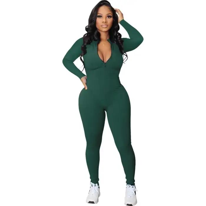 Combinaison longue côtelée zippée pour femme 2025 – Le summum de la mode athlétique, combinaison à manches longues, col en V zippé, body long