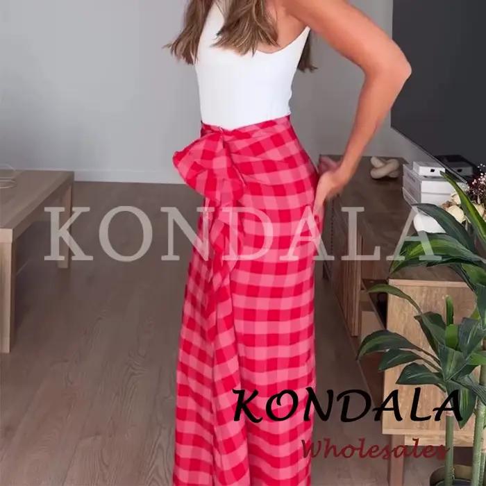 Jupe d'été asymétrique à carreaux rouges KONDALA Chic Streetwear