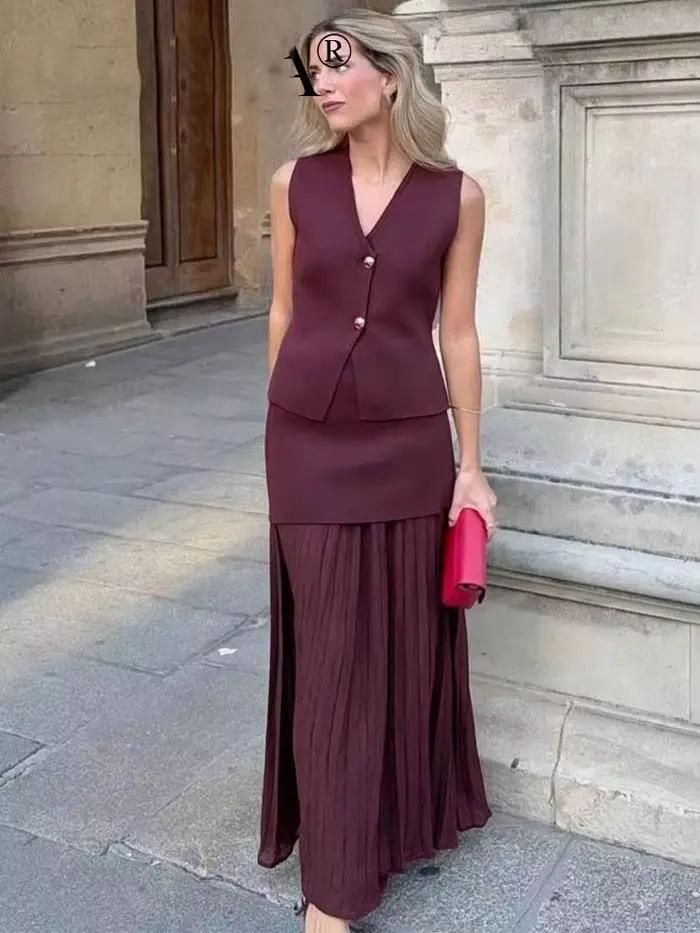HH 2025 femmes jupe ensemble vin rouge tricoté col en v sans manches mince gilet + solide taille haute fermeture éclair