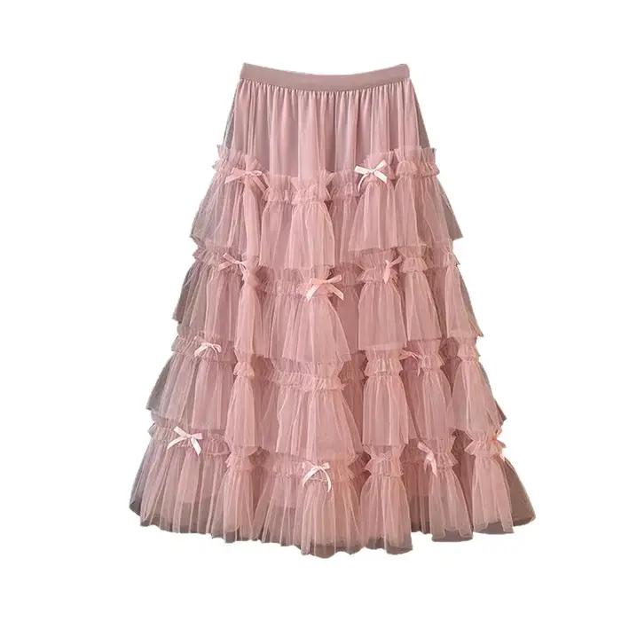 Jupe longue maxi à volants en gaze et dentelle