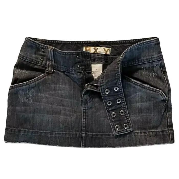 Y2K taille réglable Mini jupe Harajuku fille chaude couleur unie rétro gris Denim jupe femmes gothique mince hanche taille basse jupe courte
