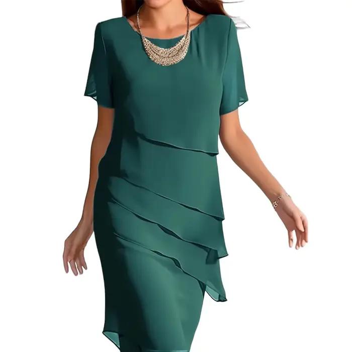 Robe mi-longue en mousseline de soie pour femmes, ligne a, col rond, manches courtes, élégante, robe de soirée, couleur unie, été 2025