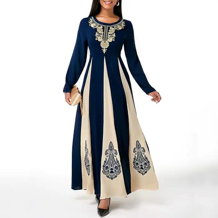 Robe musulmane élégante pour femme, col rond, manches longues, islamique, arabe, Abaya, patchwork, imprimé, Turquie, Eid Mubarak, automne, 2021