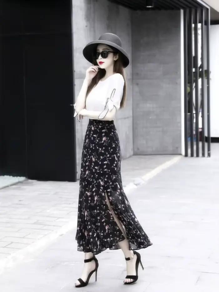Jupe femme taille haute en mousseline de soie avec fente jupes