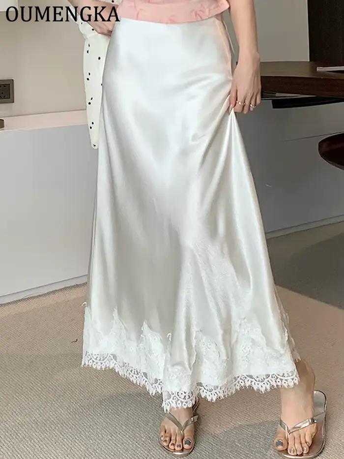 OUMENGKA été français élégant Satin sirène jupe femmes dentelle Patchwork taille élastique longue a-ligne jupes mode dames