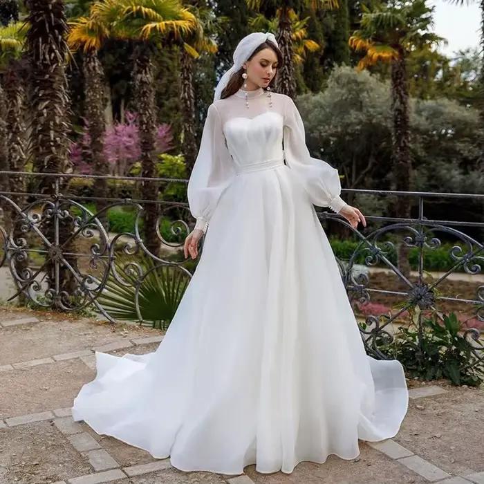 Robe de Mariée Deux Pièces Personnalisée à Col Haut et Manches sulf