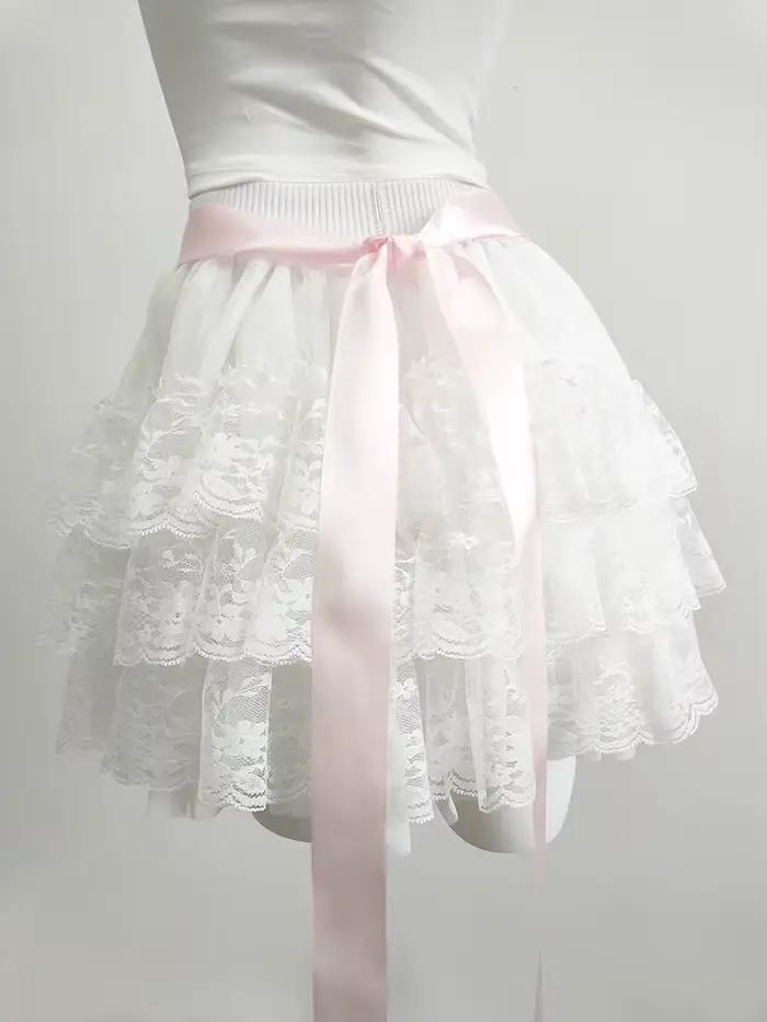 Jupes en dentelle multicouches pour filles douces, rubans d'été, nœuds décoratifs, taille élastique, style Lolita, jupe blanche, vêtements Kawaii