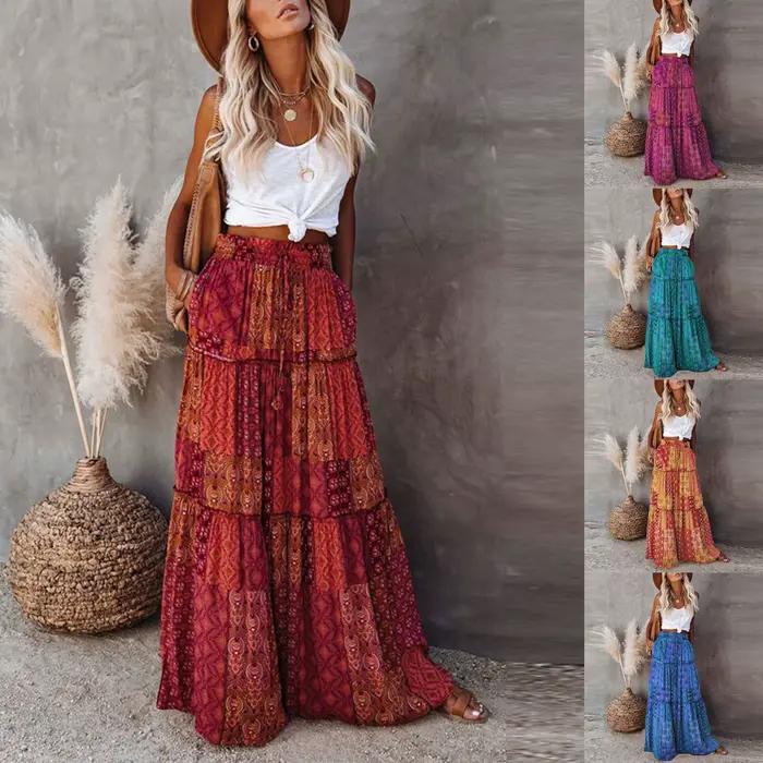 Jupe plissée taille haute à imprimé fleuri bohème pour femmes