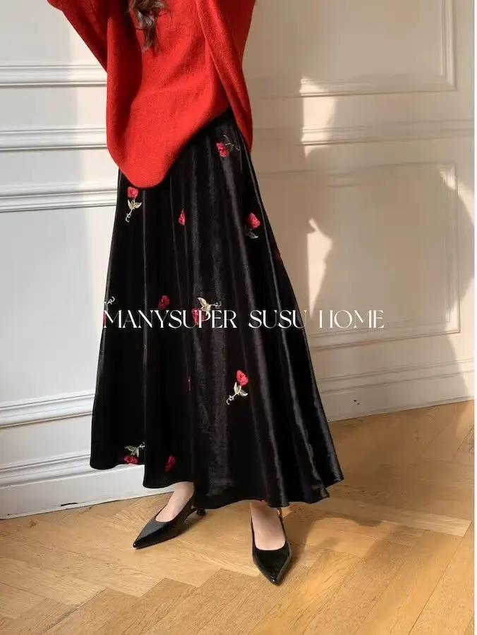 Nicemix automne/hiver nouvelle jupe rétro brodée rouge Rose velours pour les femmes Style français taille haute minceur a-ligne jupes longues