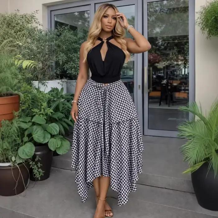 Jupes Femme Mi-longues Coupe Trapèze Taille Haute Ajustée Imprimé Carreaux Décontractées Élégantes Style Y2K Streetwear Travail Été 2026