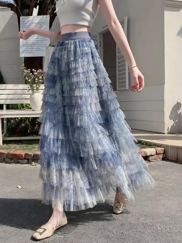 Jupes mi-longues en tulle à plusieurs niveaux – Jupe d'été trapèze à ourlet évasé en dentelle avec taille haute pour femme