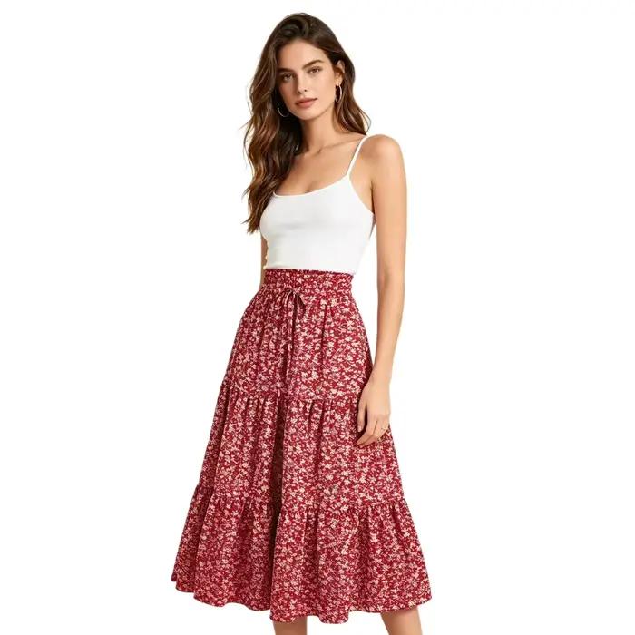 Nouvelle jupe mini évasée taille haute à imprimé floral 2026 pour femme