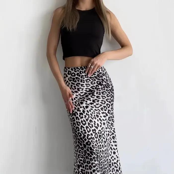 Jupe en satin, robe sexy imprimé léopard, robe soyeuse élastique taille haute