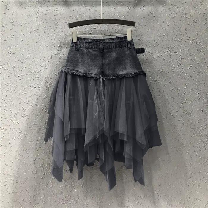 Punk femmes Denim jupes maille Patchwork Jean jupe Y2K taille haute une ligne asymétrique Tulle