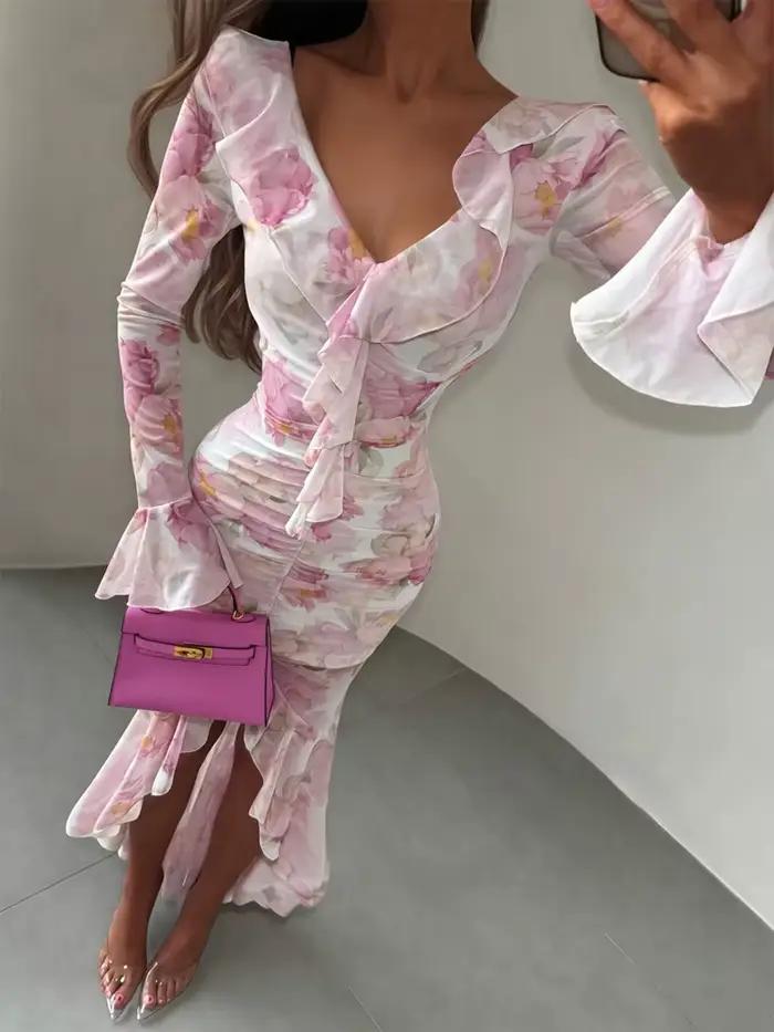 Robe longue élégante à imprimé floral pour femme, col en V, taille haute, en mousseline de soie, avec volants et fente, Vestidos 2026, Robes de soirée et de tous les jours pour femme