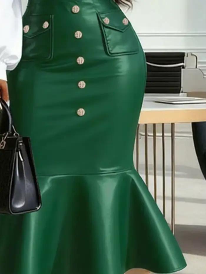 UOOZEE femmes Faux cuir taille haute jupe Midi boutons dorés évasé sirène ourlet formel bureau Cocktail jupes moulantes 2026