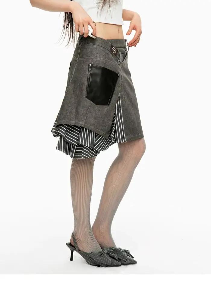 Jupe irrégulière épissée superposée polyvalente, jupe trapèze en jean mi-longue taille haute en détresse pour filles chaudes