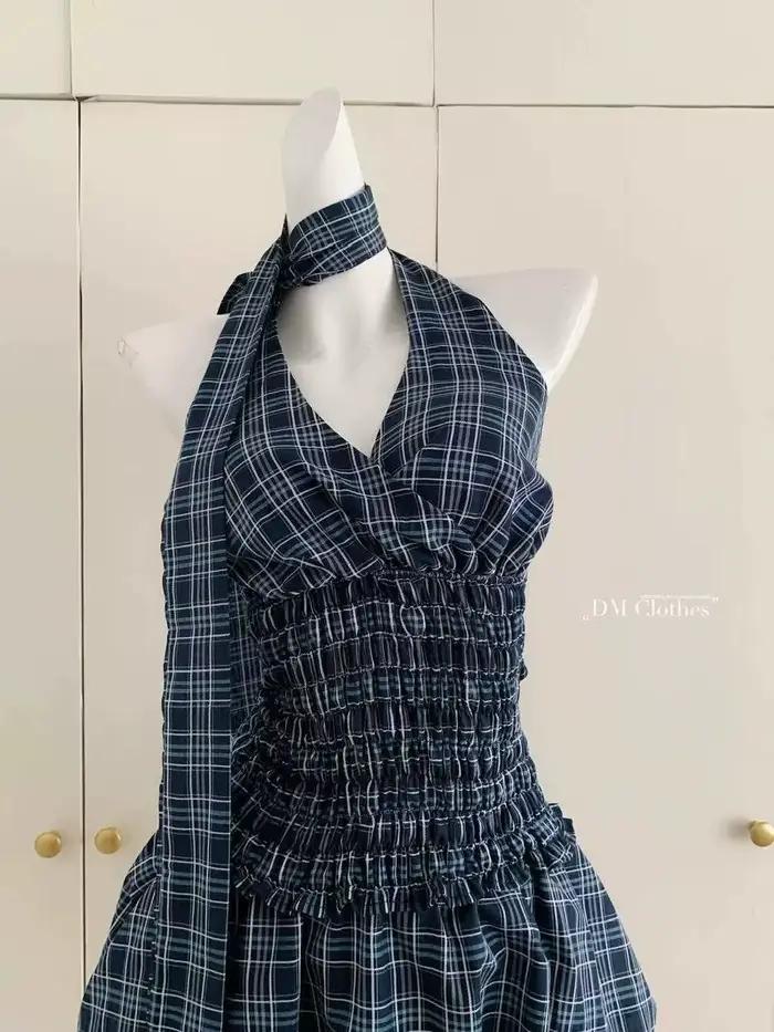 Rétro bleu marine haut à carreaux jupe courte costume femmes été Internet célébrité rue américaine douce fille chaude