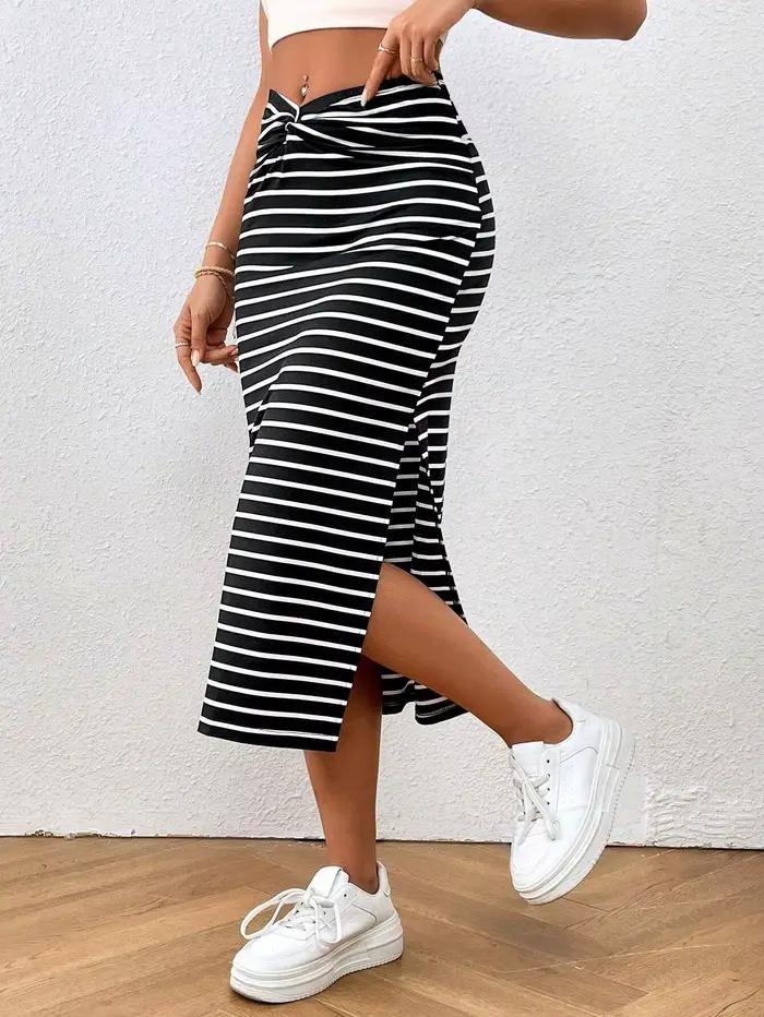 Jupe midi fendue à taille nouée rayée pour femme