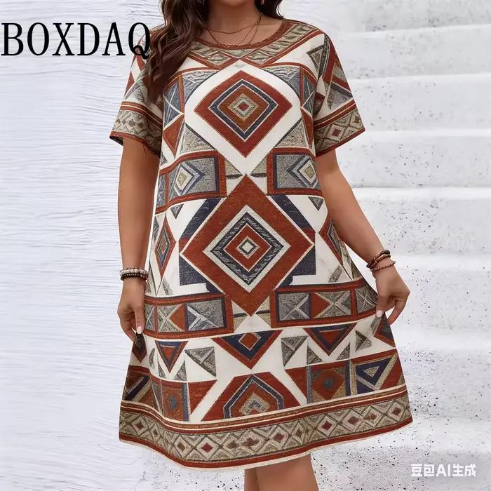 Robes à motifs géométriques et floraux de style ethnique pour femmes, collection été 2026, mode grande taille, robe imprimée à manches courtes, décontractée, rétro, ample