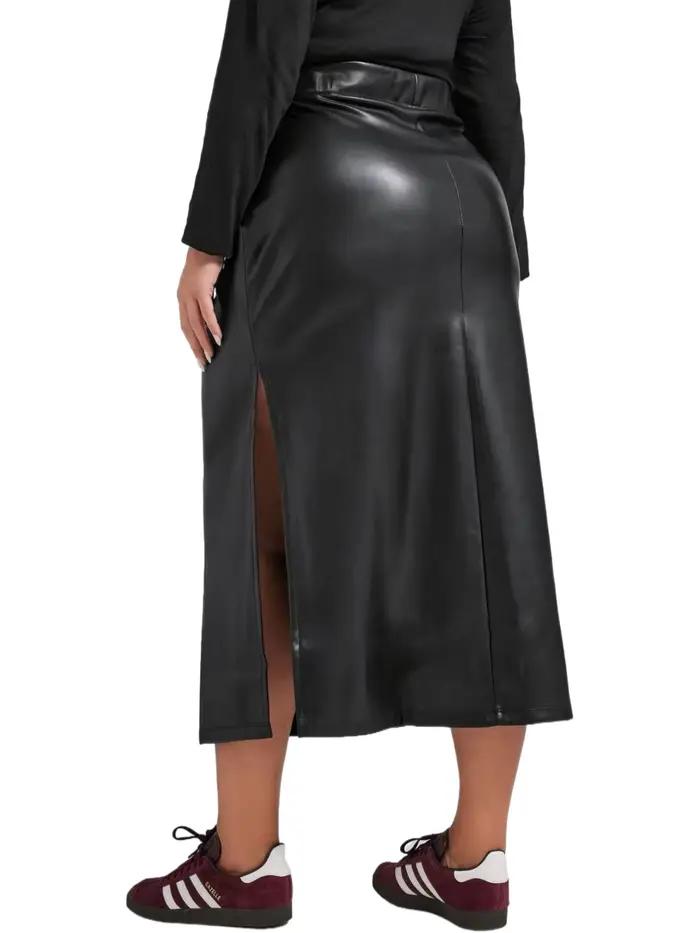 Femmes grande taille élégante jupe en simili cuir taille élastique maxi jupe en polyuréthane fente latérale automne hiver jupe droite pour le travail bureau occassions formelles