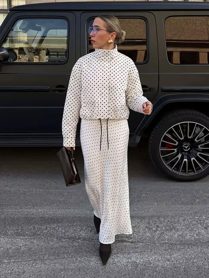 Ensemble jupe et manteau vintage noir à pois pour femme HH – Veste à col roulé à manches longues