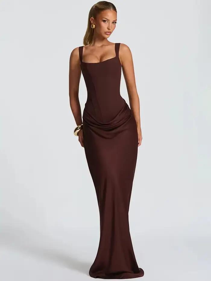 Robe Maxi froncée, dos nu, Sexy, élégante, col carré, bretelles coniques, sans manches, moulante, robe longue de soirée en boîte de nuit