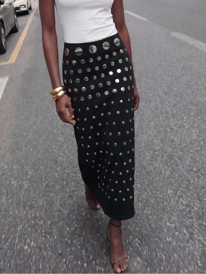 Jupe mi-longue noire à strass thermocollés résistants