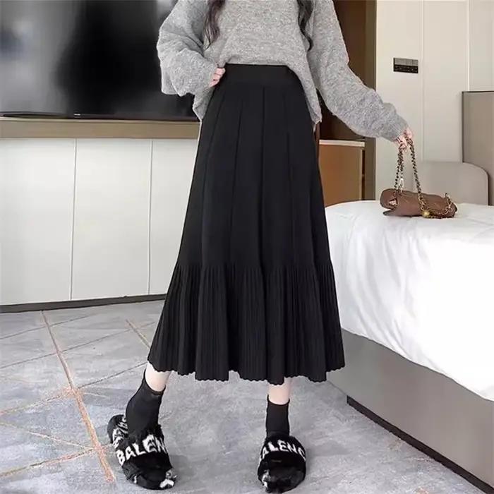 Jupe plissée tricotée taille haute tendance pour femme, nouvelle collection automne-hiver, décontractée et amincissante, coupe trapèze