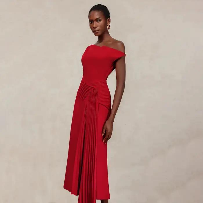 Robe mi-longue plissée rouge à une épaule pour femmes, coupe cintrée, robe de soirée formelle, de Cocktail, à la mode, ourlet asymétrique, 2026
