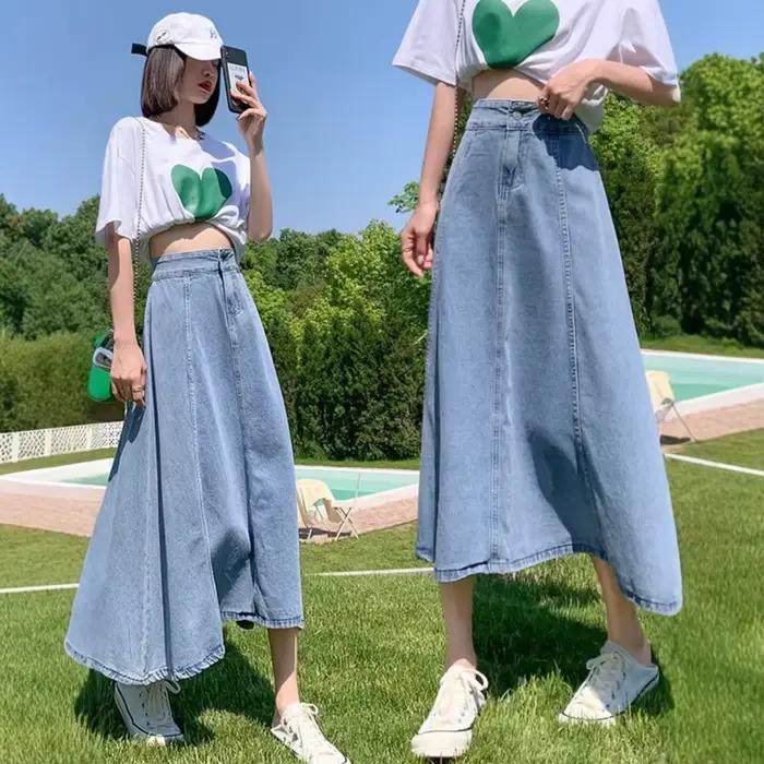 Jupe mi-longue en jean taille haute pour femme