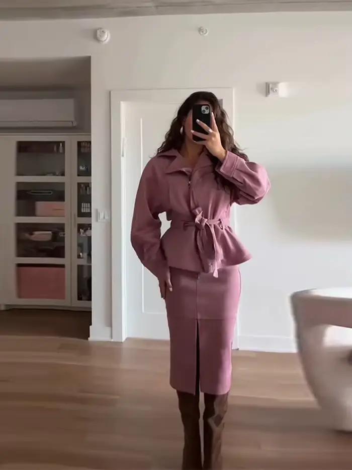 Ensemble tailleur jupe 2 pièces élégant pour femme en suède