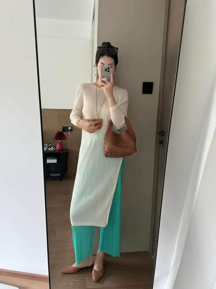 Tricot plissé dégradé pliable, haut Long, fente latérale, Texture fine, tissu doux, élégant, décontracté, usage quotidien, Ensemble Chic tendance 2025