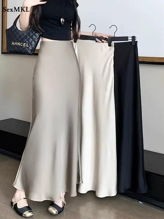 Jupes longues en Satin élégantes pour femmes, vêtements de mode coréenne, taille haute élastique, jupe noire, Streetwear d'été, jupe Midi trapèze, 2025