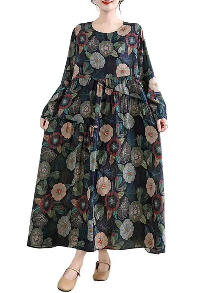 Coton à manches longues imprimé robes Vintage femmes 2025 printemps automne décontracté robe longue ample bureau dame robes vêtements élégants