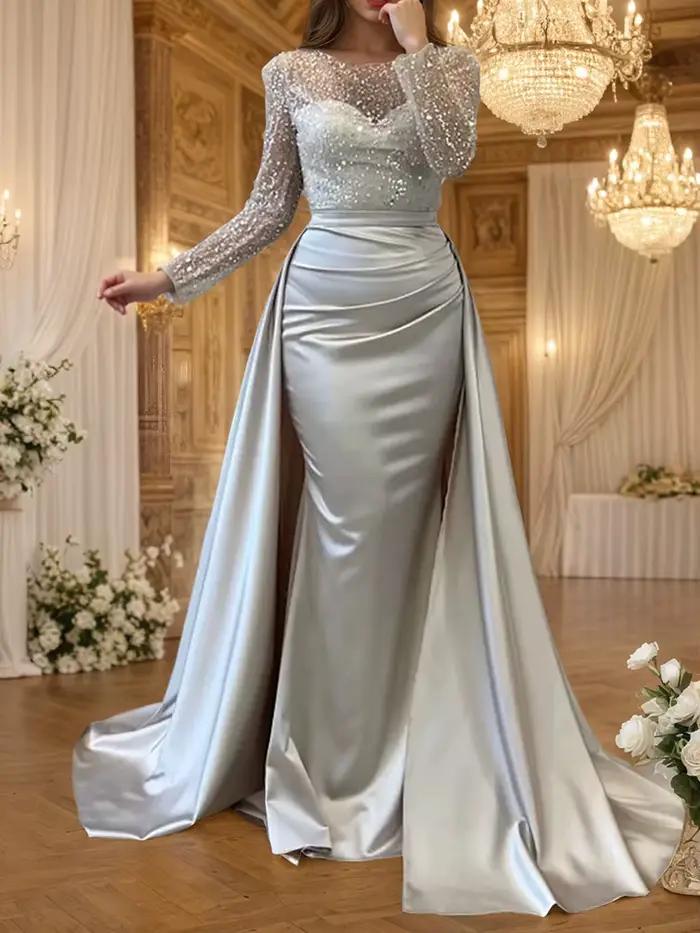 Robe de soirée glamour à paillettes pour femmes, col rond, manches longues, froncée, moulante, silhouette élégante, soirée de gala, cérémonie de remise de prix, mariage