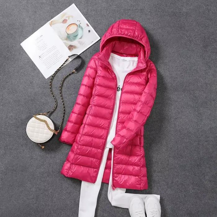 Doudoune longue ultra légère pour femme, automne, hiver, fermeture éclair à manches longues, poignées à capuche coréennes, vêtements d'extérieur en Y amovibles