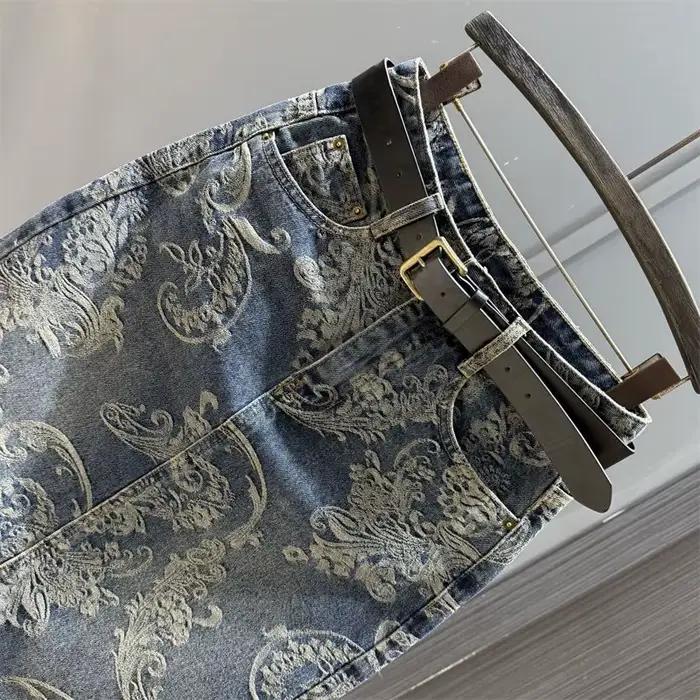 Jupe en jean taille haute en Jacquard rétro pour femmes