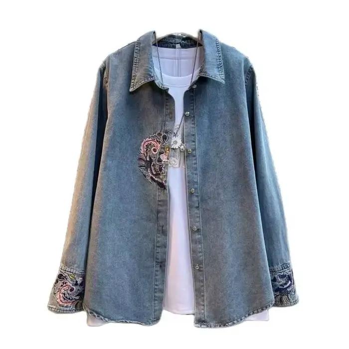 Chemise en jean femme 2025 nouveau printemps été broderie ample à manches longues dames hauts Style rétro mode coréenne femme Blouse