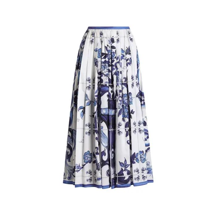 Boho 2 pièces ensemble femmes été 2025 bleu porcelaine imprimé haut et coton jupe Maxi concepteur plage vacances tenue