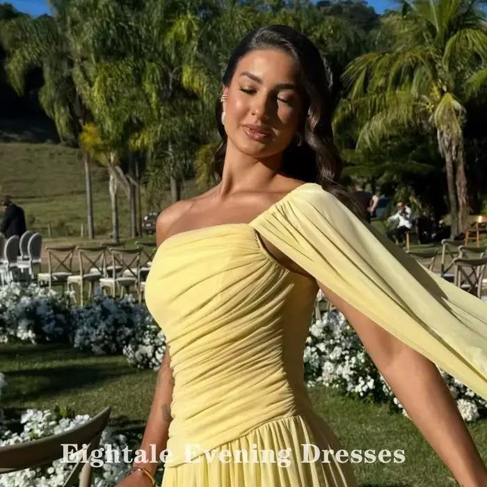 Robes de soirée jaunes Eightale pour mariage, plissées en mousseline, asymétriques à une épaule, style musulman, personnalisées, coupe trapèze, pour bal de promo