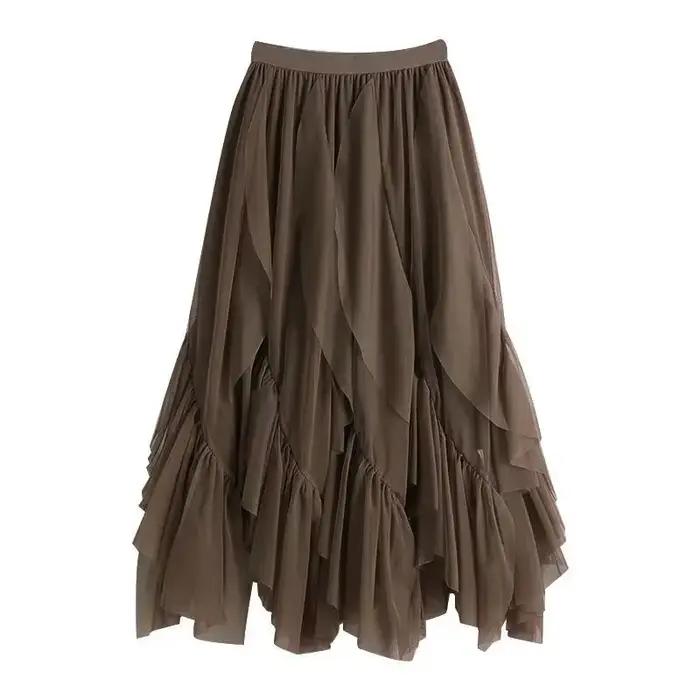Nouvelle Collection Printemps 2025 – Jupe Mi-Longue Asymétrique Évasée en Maille Double Couche pour Femme – Tendance et Polyvalente